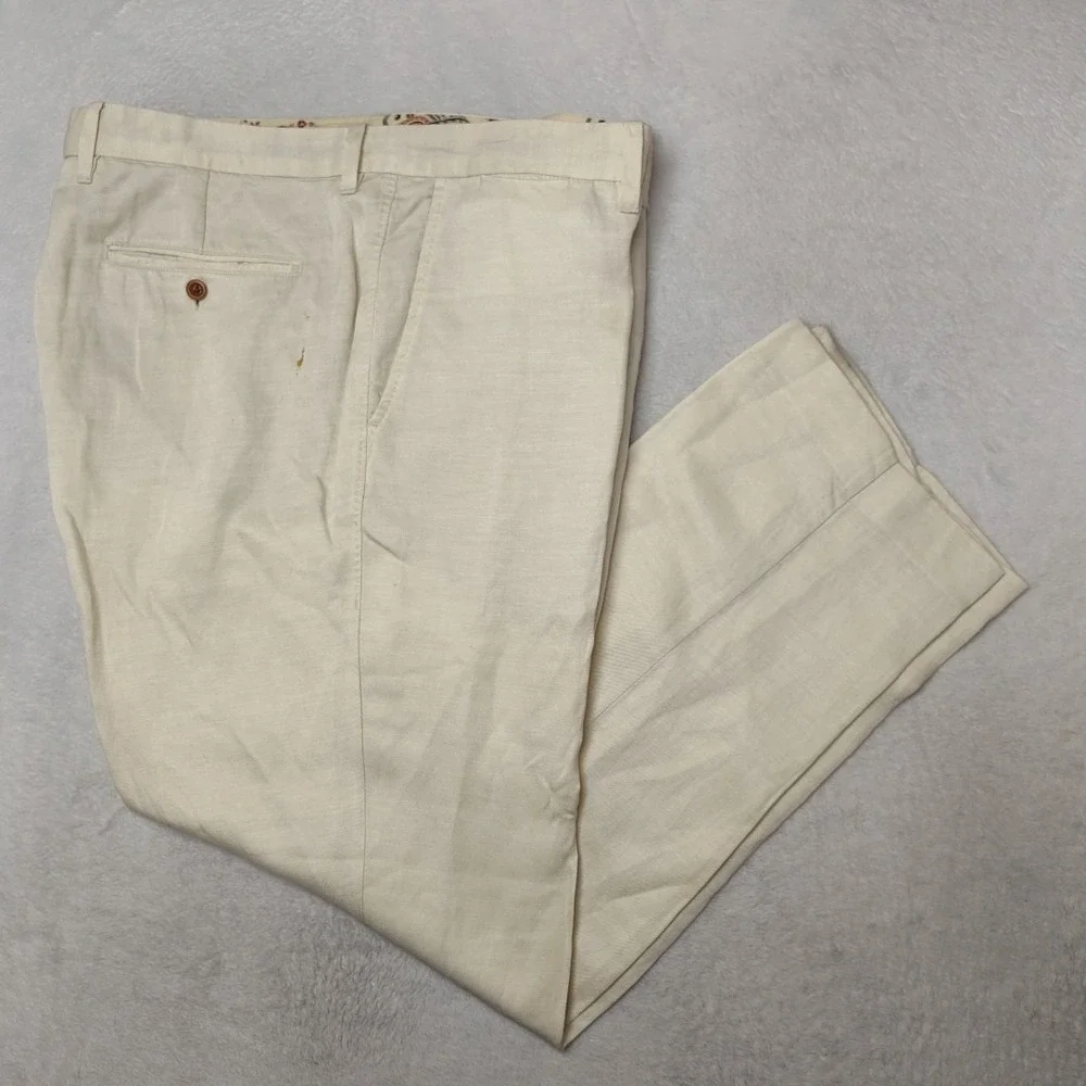 Tommy Bahama Pants Mens 40x30 Beige Lyocell Linen Straight Pleated Island Travel